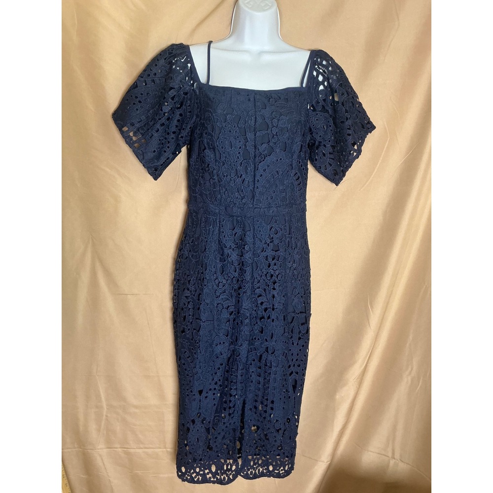Lace Midi Dress Women 6  Navy Blue Excellent Cold Shoulder Puff Sleeve Square - Picture 2 of 13